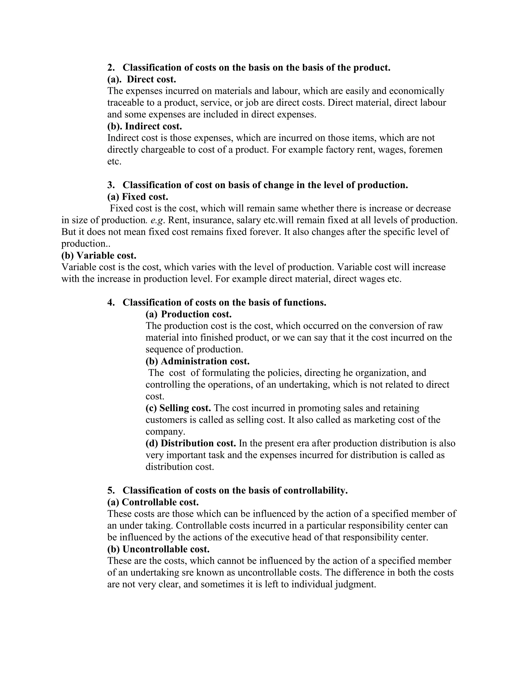 Classification of cost