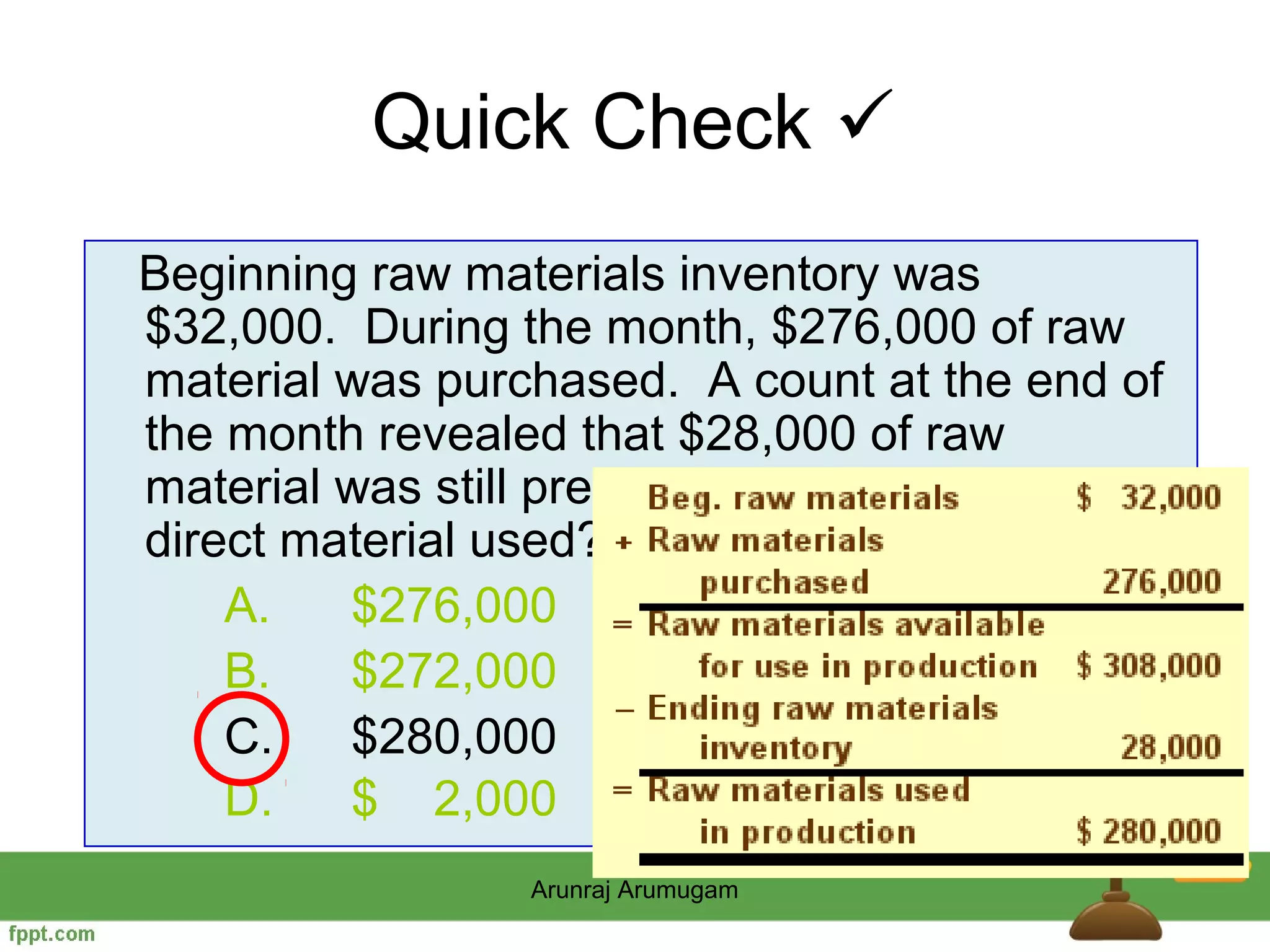 Quick Check 
Beginning raw materials inventory was
$32,000. During the month, $276,000 of raw
material was purchased. A count at the end of
the month revealed that $28,000 of raw
material was still present. What is the cost of
direct material used?
    A.   $276,000
    B.   $272,000
    C.   $280,000
    D.   $ 2,000
                 Arunraj Arumugam
 