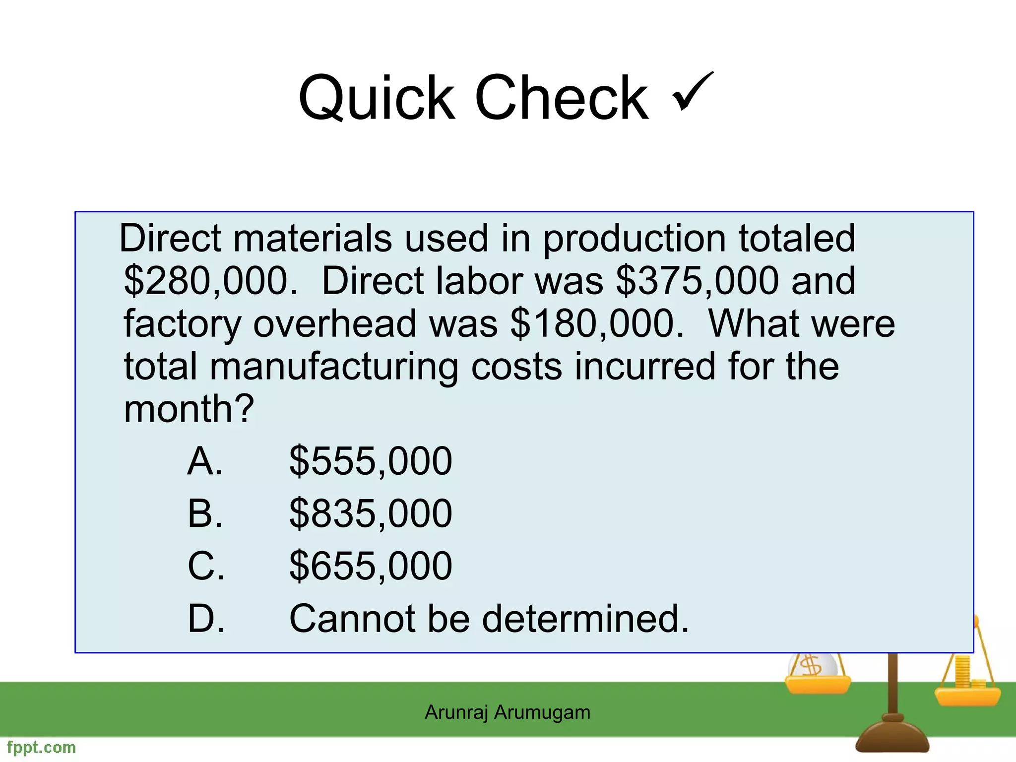 Quick Check 

Direct materials used in production totaled
$280,000. Direct labor was $375,000 and
factory overhead was $180,000. What were
total manufacturing costs incurred for the
month?
    A.    $555,000
    B.    $835,000
    C.    $655,000
    D.    Cannot be determined.

                Arunraj Arumugam
 