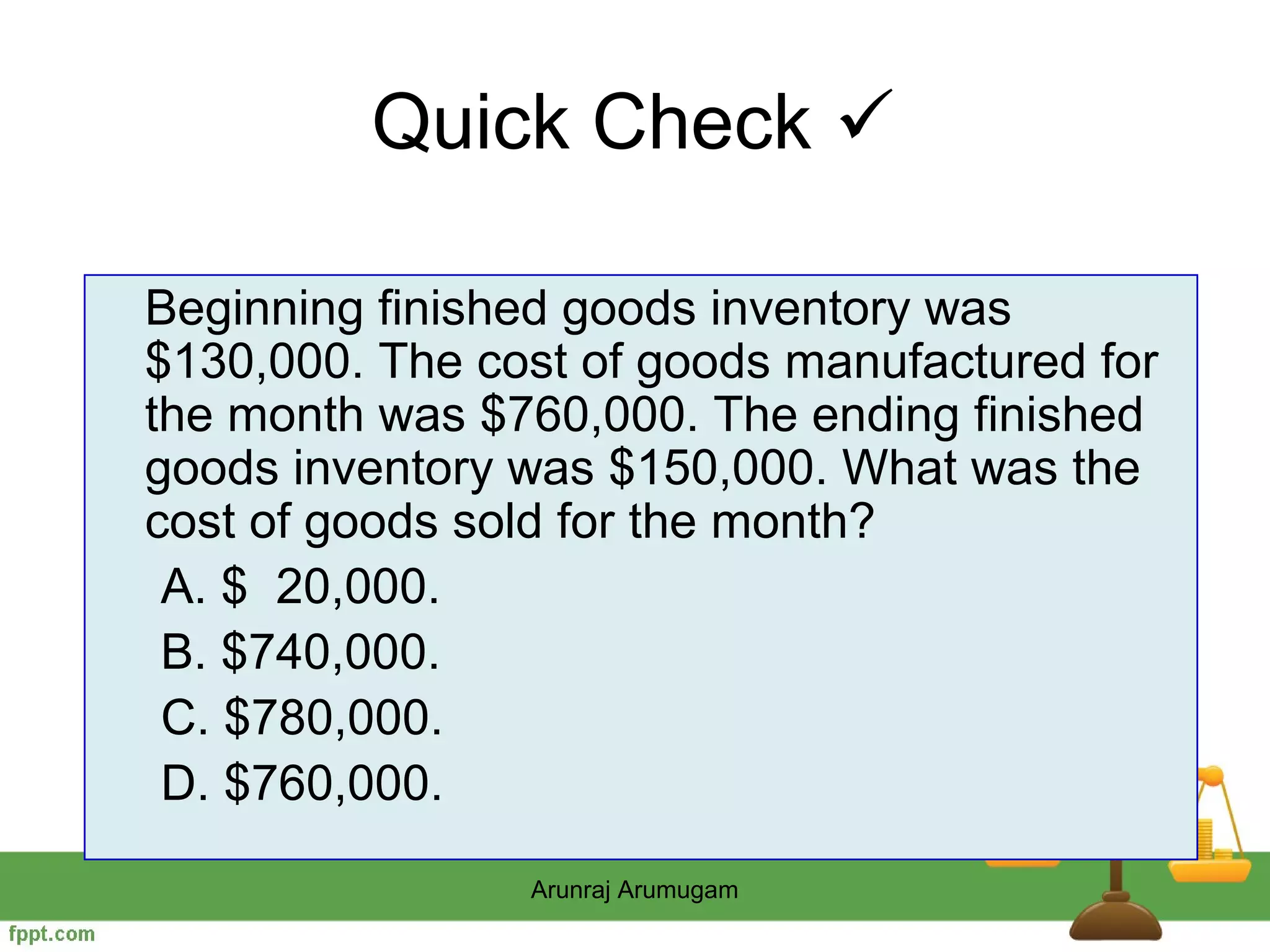 Quick Check 

Beginning finished goods inventory was
$130,000. The cost of goods manufactured for
the month was $760,000. The ending finished
goods inventory was $150,000. What was the
cost of goods sold for the month?
 A. $ 20,000.
 B. $740,000.
 C. $780,000.
 D. $760,000.
                Arunraj Arumugam
 