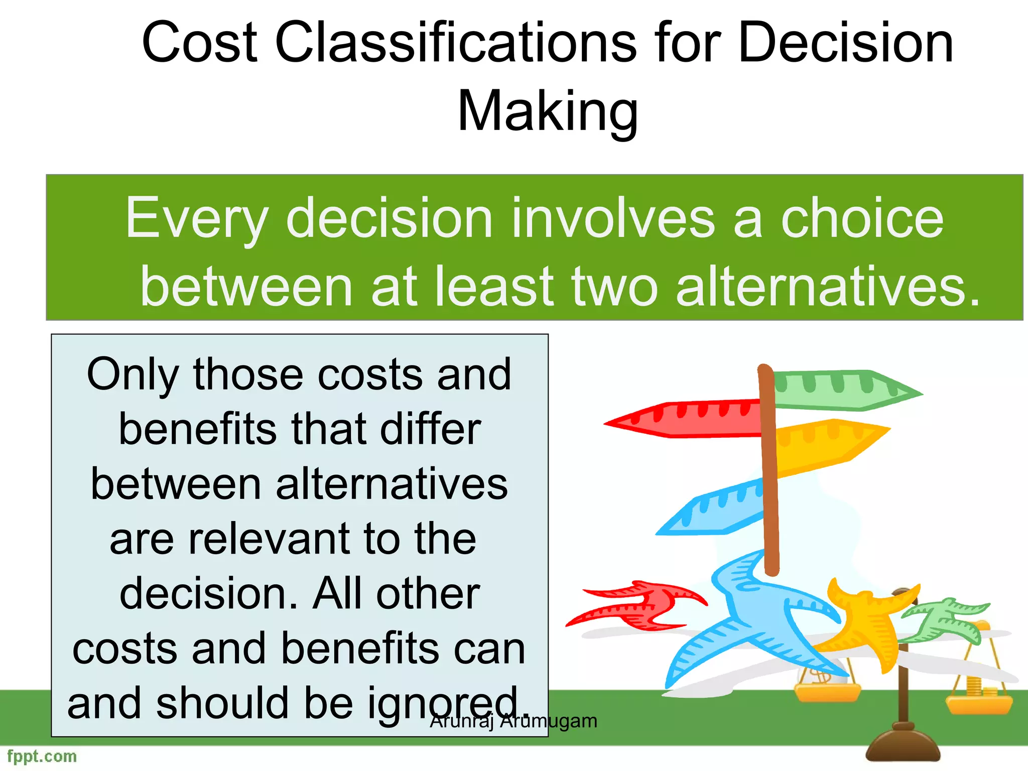 Cost Classifications for Decision
                 Making
   Every decision involves a choice
   between at least two alternatives.
 Only those costs and
  benefits that differ
 between alternatives
  are relevant to the
  decision. All other
costs and benefits can
and should be ignored.
                   Arunraj Arumugam
 