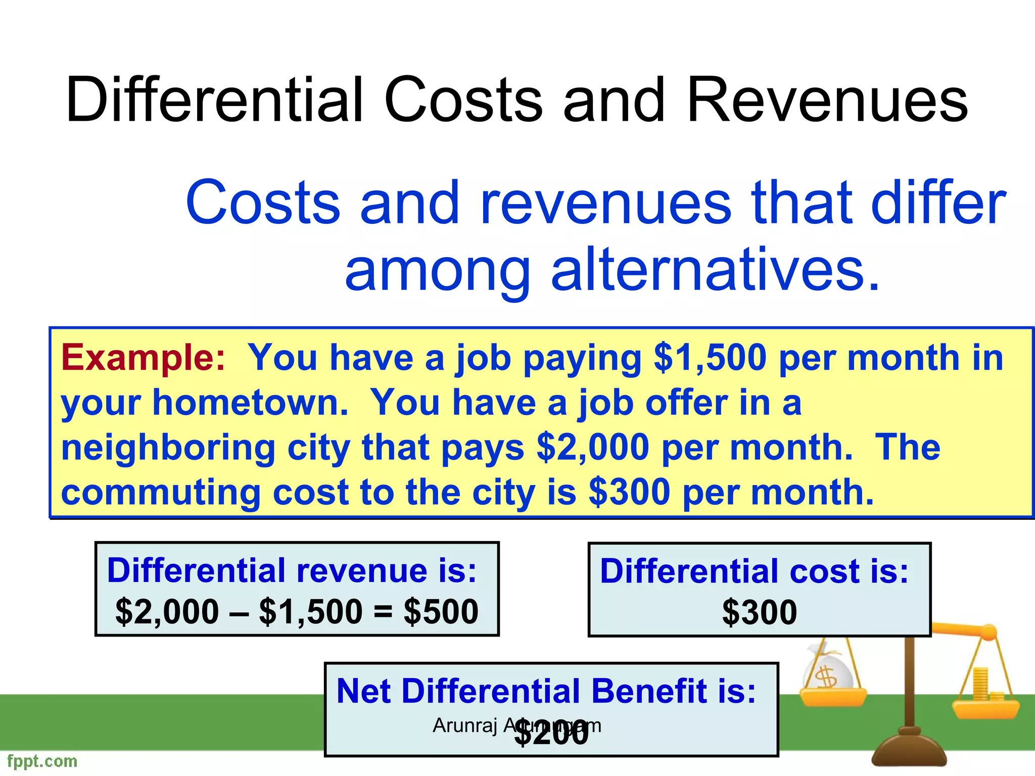 Differential Costs and Revenues
       Costs and revenues that differ
            among alternatives.
Example: You have a job paying $1,500 per month in
your hometown. You have a job offer in a
neighboring city that pays $2,000 per month. The
commuting cost to the city is $300 per month.

  Differential revenue is:       Differential cost is:
  $2,000 – $1,500 = $500                 $300

                Net Differential Benefit is:
                               $200
                      Arunraj Arumugam
 