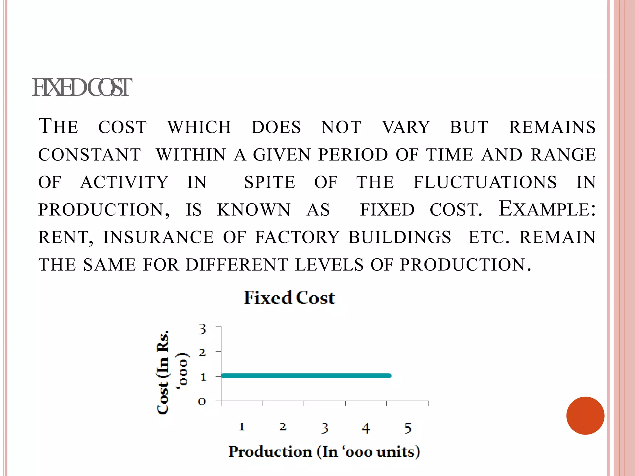 FIXEDCOST
THE COST WHICH DOES NOT VARY BUT REMAINS
CONSTANT WITHIN A GIVEN PERIOD OF TIME AND RANGE
OF ACTIVITY IN SPITE OF THE FLUCTUATIONS IN
PRODUCTION, IS KNOWN AS FIXED COST. EXAMPLE:
RENT, INSURANCE OF FACTORY BUILDINGS ETC. REMAIN
THE SAME FOR DIFFERENT LEVELS OF PRODUCTION.
 
