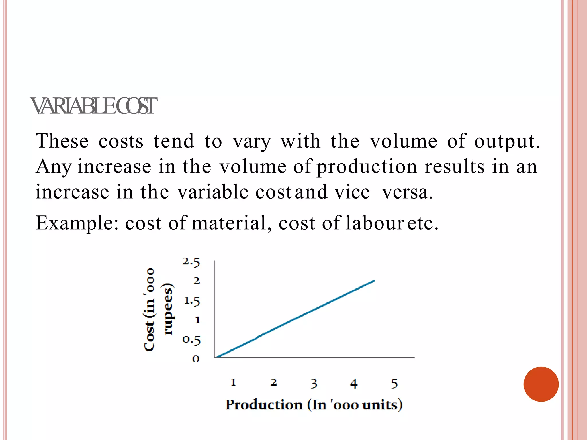 VARIABLECOST
These costs tend to vary with the volume of output.
Any increase in the volume of production results in an
increase in the variable costand vice versa.
Example: cost of material, cost of labouretc.
 