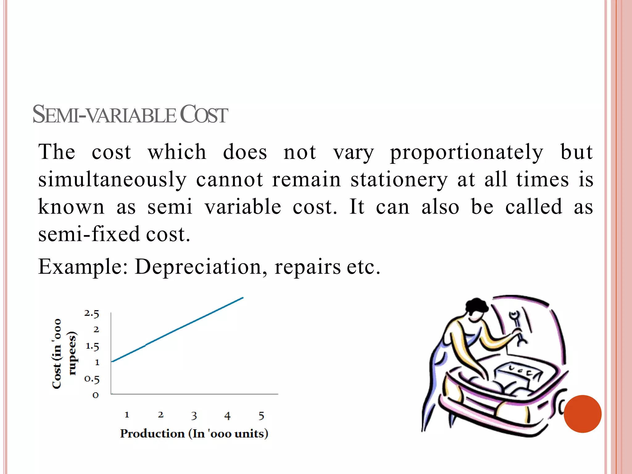 SEMI-VARIABLECOST
The cost which does not vary proportionately but
simultaneously cannot remain stationery at all times is
known as semi variable cost. It can also be called as
semi-fixed cost.
Example: Depreciation, repairs etc.
 