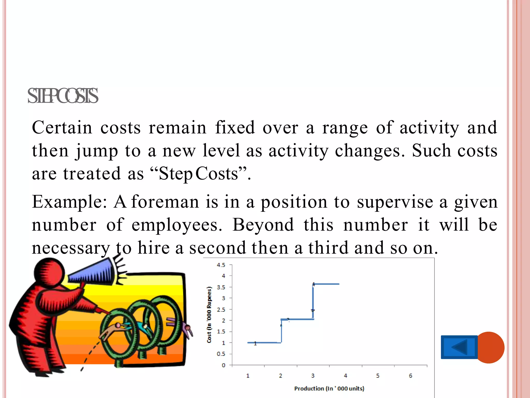 STEPCOSTS
Certain costs remain fixed over a range of activity and
then jump to a new level as activity changes. Such costs
are treated as “StepCosts”.
Example: A foreman is in a position to supervise a given
number of employees. Beyond this number it will be
necessary to hire a second then a third and so on.
 