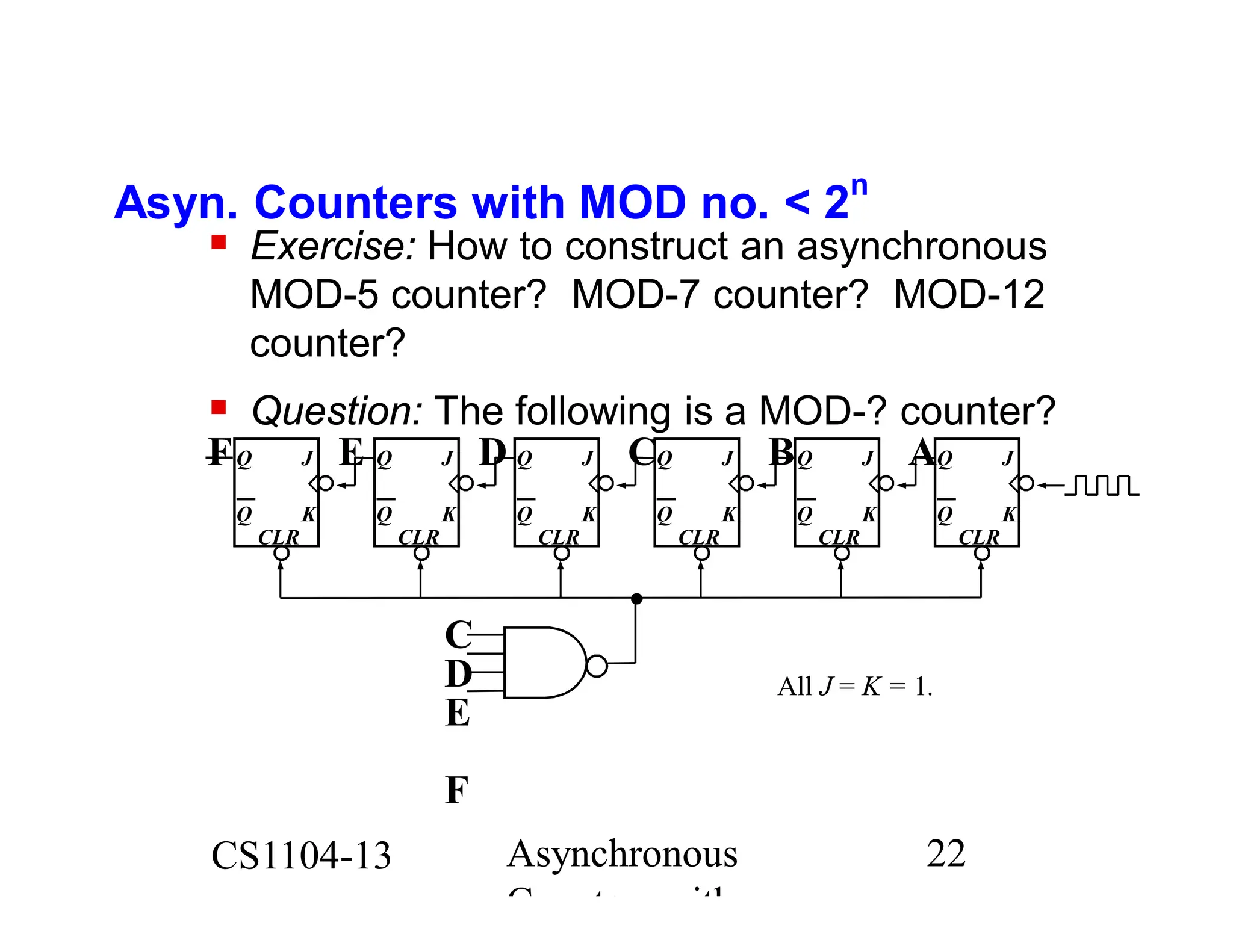 CS1104-13 Asynchronous
Counters with
22
Asyn. Counters with MOD no. < 2
n
 Exercise: How to construct an asynchronous
MOD-5 counter? MOD-7 counter? MOD-12
counter?
 Question: The following is a MOD-? counter?
K
J
Q
Q
CLR
C B A
C
D
E
F
All J = K = 1.
K
J
Q
Q
CLR
K
J
Q
Q
CLR
K
J
Q
Q
CLR
K
J
Q
Q
CLR
K
J
Q
Q
CLR
D
E
F
 