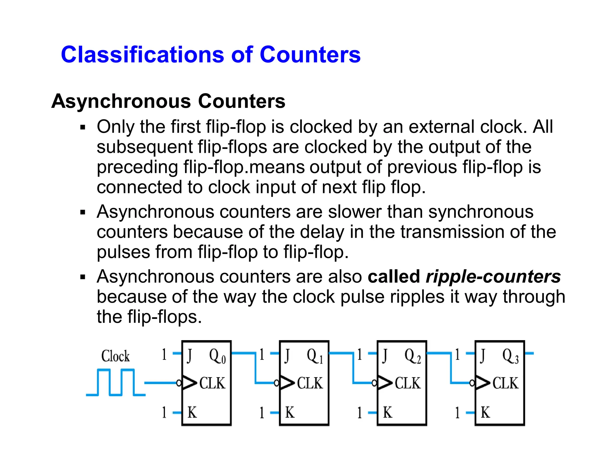 Classifications of Counters
Asynchronous Counters
 Only the first flip-flop is clocked by an external clock. All
subsequent flip-flops are clocked by the output of the
preceding flip-flop.means output of previous flip-flop is
connected to clock input of next flip flop.
 Asynchronous counters are slower than synchronous
counters because of the delay in the transmission of the
pulses from flip-flop to flip-flop.
 Asynchronous counters are also called ripple-counters
because of the way the clock pulse ripples it way through
the flip-flops.
 