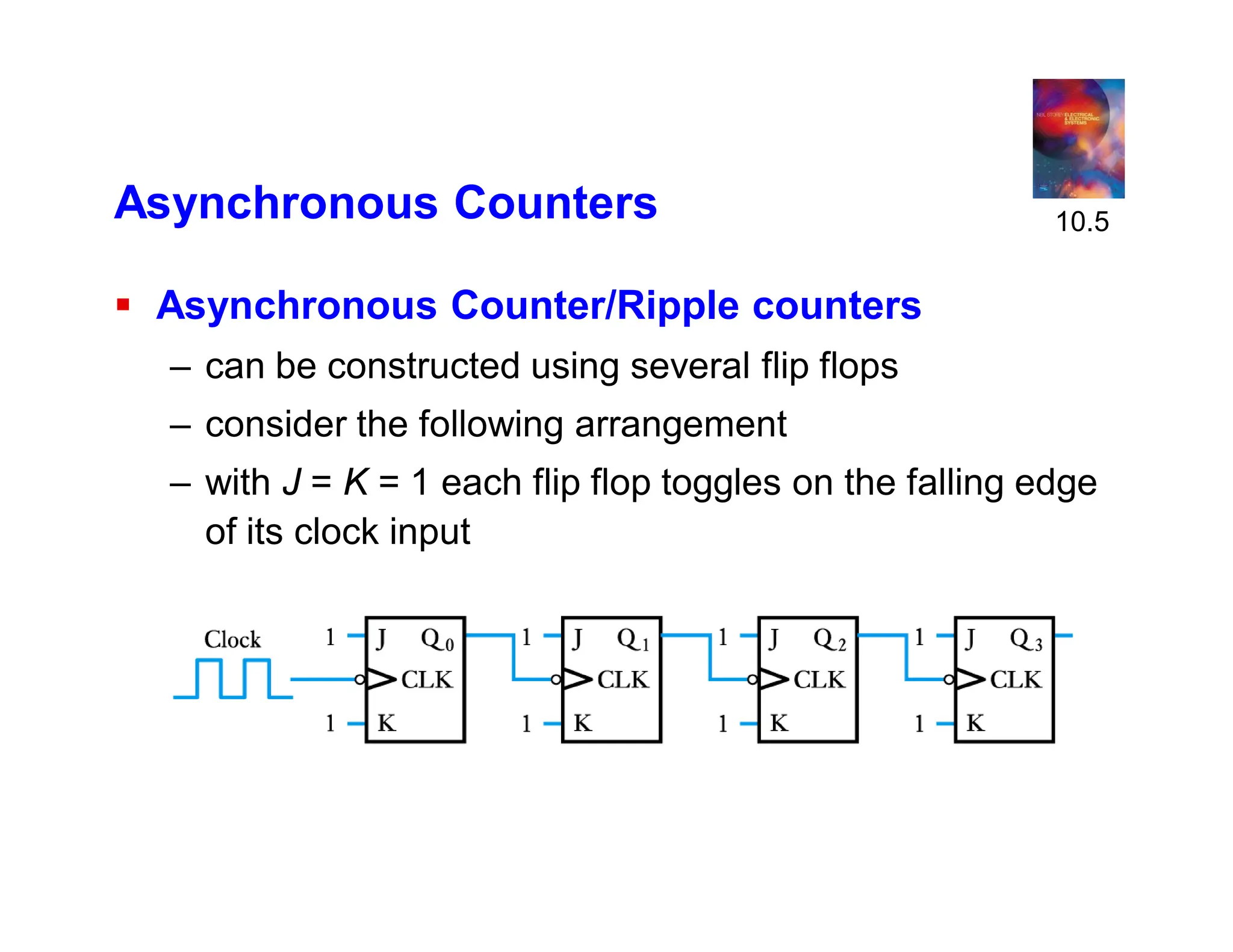 Asynchronous Counters
 Asynchronous Counter/Ripple counters
– can be constructed using several flip flops
– consider the following arrangement
– with J = K = 1 each flip flop toggles on the falling edge
of its clock input
10.5
 