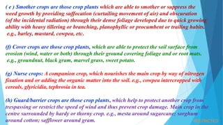 RESTRICTED
( e ) Smother crops are those crop plants which are able to smother or suppress the
weed growth by providing suffocation (curtailing movement of air) and obscuration
(of the incidental radiation) through their dense foliage developed due to quick growing
ability with heavy tillering or branching, planophyllic or procumbent or trailing habits.
e.g., barley, mustard, cowpea, etc.
(f) Cover crops are those crop plants, which are able to protect the soil surface from
erosion (wind, water or both) through their ground covering foliage and or root mats.
e.g., groundnut, black gram, marvel grass, sweet potato.
(g) Nurse crops: A companion crop, which nourishes the main crop by way of nitrogen
fixation and or adding the organic matter into the soil. e.g., cowpea intercropped with
cereals, glyricidia, tephrosia in tea.
(h) Guard/barrier crops are those crop plants, which help to protect another crop from
trespassing or restrict the speed of wind and thus prevent crop damage. Main crop in the
centre surrounded by hardy or thorny crop. e.g., mesta around sugarcane; sorghum
around cotton; safflower around gram.
 