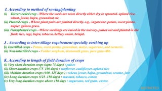 RESTRICTED
I. According to method of sowing/planting
(i) Direct seeded crop - Where the seeds are sown directly either dry or sprouted. upland rice,
wheat, jowar, bajra, groundnut etc.
(ii) Planted crops - Where plant parts are planted directly. e.g., sugarcane, potato, sweet potato,
napier, guinea grass.
(iii) Transplanted crops - Where seedlings are raised in the nursery, pulled out and planted in the
field: rice, ragi, bajra, tobacco, bellary onion, brinjal.
J . According to inter-tillage requirement specially earthing up
(i) Intertilled crops - Potato, sweet potato, groundnut, maize, sugarcane, and turmeric.
(ii) Non-intertilled crops - Fodder sorghum, deenanath grass, para grass etc.
K. According to length of field duration of crops
(i) Very short duration crops (upto 75 days) : pulses
(ii) Short duration crops (75–100 days) : sunflower, cauliflower, upland rice
(iii) Medium duration crops (100–125 days ) : wheat, jowar, bajra, groundnut, sesame, jute
(iv) Long duration crops (125–150 days) : mustard, tobacco, cotton
(v) Very long duration crops: above 150 days : sugarcane, red gram, castor.
 