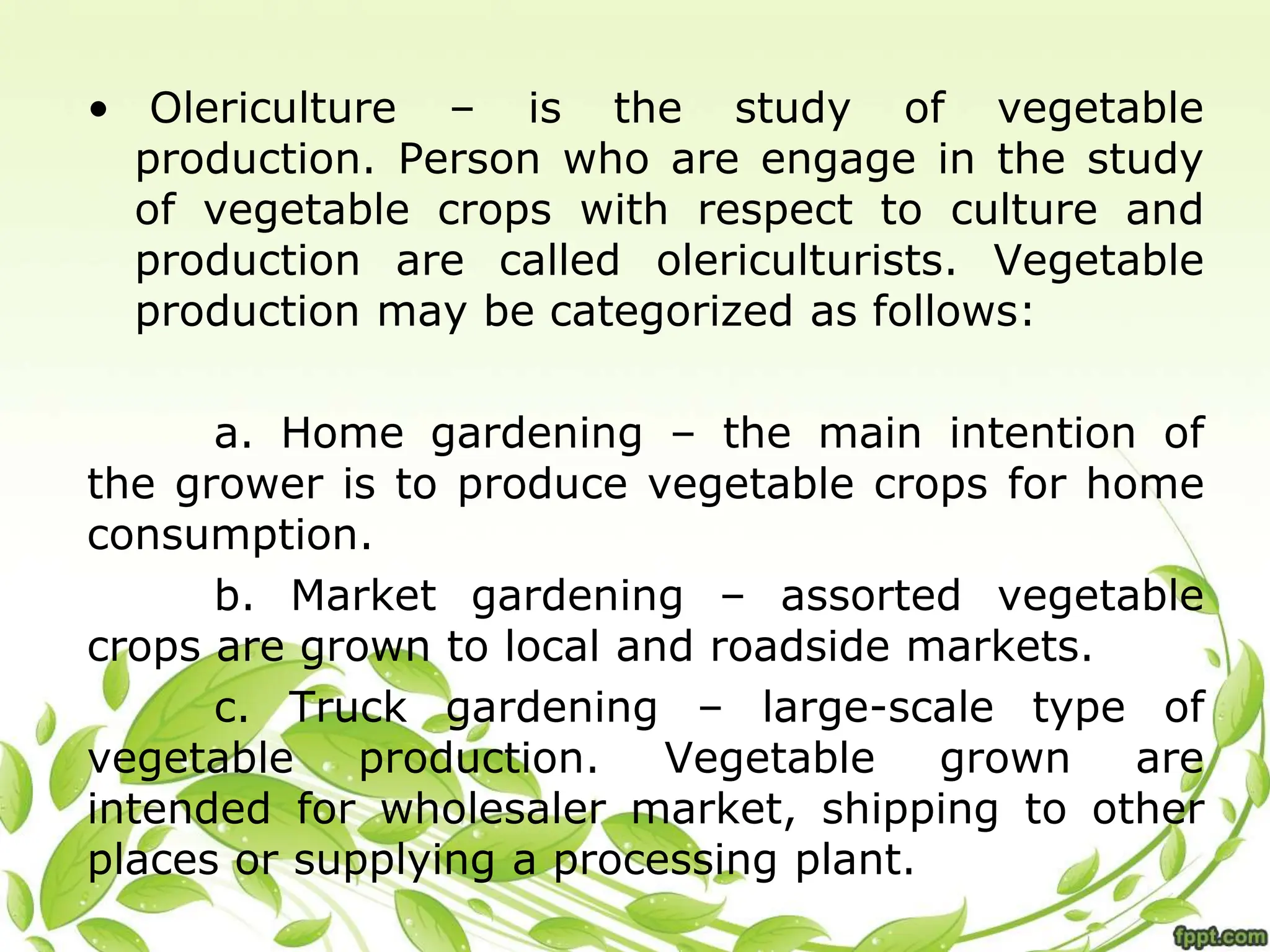 • Olericulture – is the study of vegetable
production. Person who are engage in the study
of vegetable crops with respect to culture and
production are called olericulturists. Vegetable
production may be categorized as follows:
a. Home gardening – the main intention of
the grower is to produce vegetable crops for home
consumption.
b. Market gardening – assorted vegetable
crops are grown to local and roadside markets.
c. Truck gardening – large-scale type of
vegetable production. Vegetable grown are
intended for wholesaler market, shipping to other
places or supplying a processing plant.
 