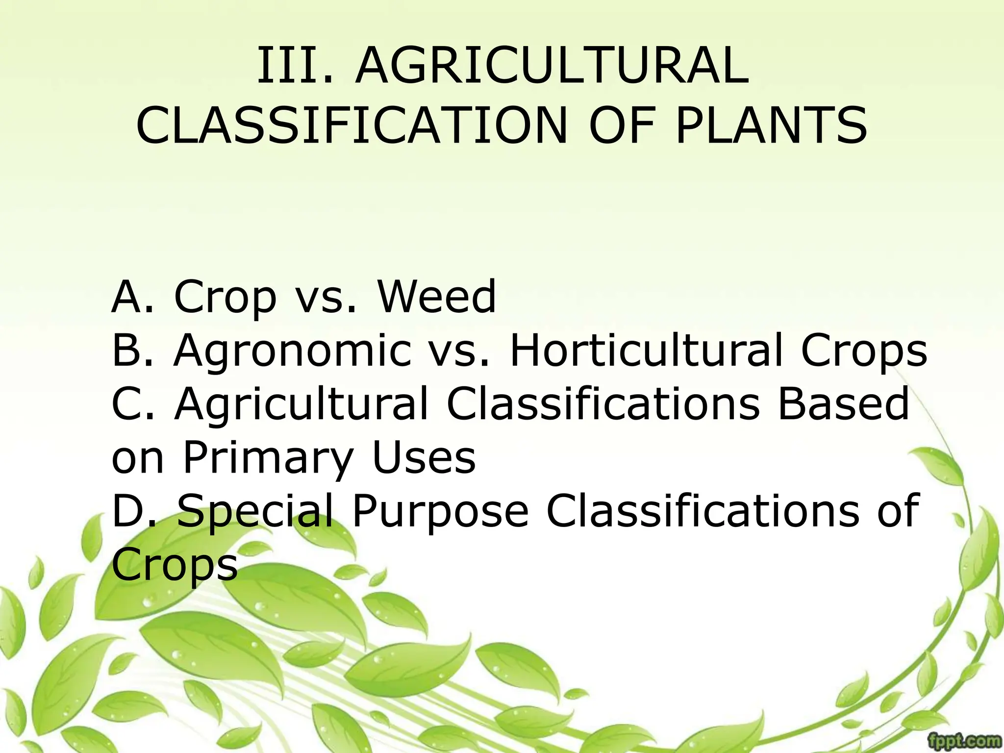 III. AGRICULTURAL
CLASSIFICATION OF PLANTS
A. Crop vs. Weed
B. Agronomic vs. Horticultural Crops
C. Agricultural Classifications Based
on Primary Uses
D. Special Purpose Classifications of
Crops
 