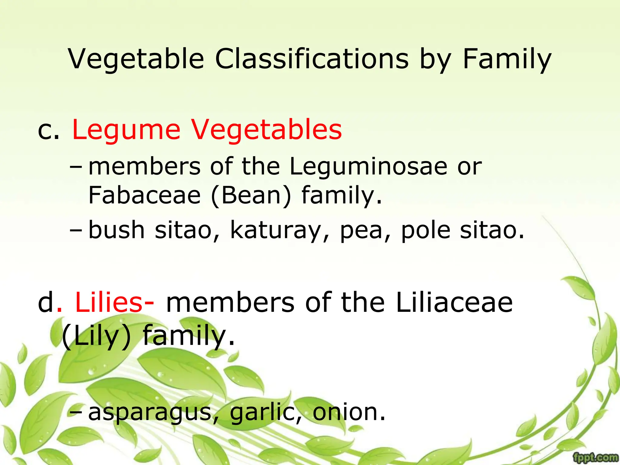 Vegetable Classifications by Family
c. Legume Vegetables
– members of the Leguminosae or
Fabaceae (Bean) family.
– bush sitao, katuray, pea, pole sitao.
d. Lilies- members of the Liliaceae
(Lily) family.
– asparagus, garlic, onion.
 