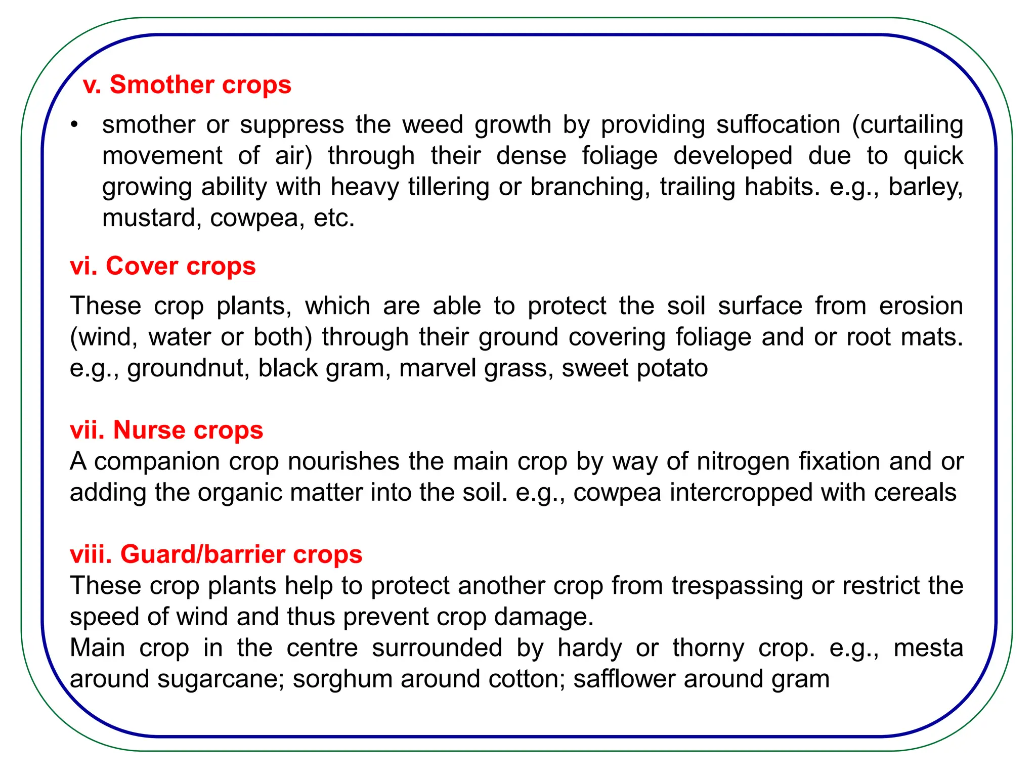 v. Smother crops
• smother or suppress the weed growth by providing suffocation (curtailing
movement of air) through their dense foliage developed due to quick
growing ability with heavy tillering or branching, trailing habits. e.g., barley,
mustard, cowpea, etc.
vi. Cover crops
These crop plants, which are able to protect the soil surface from erosion
(wind, water or both) through their ground covering foliage and or root mats.
e.g., groundnut, black gram, marvel grass, sweet potato
vii. Nurse crops
A companion crop nourishes the main crop by way of nitrogen fixation and or
adding the organic matter into the soil. e.g., cowpea intercropped with cereals
viii. Guard/barrier crops
These crop plants help to protect another crop from trespassing or restrict the
speed of wind and thus prevent crop damage.
Main crop in the centre surrounded by hardy or thorny crop. e.g., mesta
around sugarcane; sorghum around cotton; safflower around gram
 
