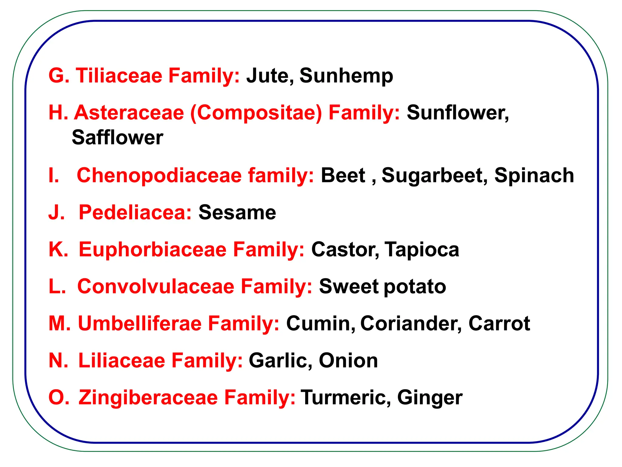 G. Tiliaceae Family: Jute, Sunhemp
H. Asteraceae (Compositae) Family: Sunflower,
Safflower
I. Chenopodiaceae family: Beet , Sugarbeet, Spinach
J. Pedeliacea: Sesame
K. Euphorbiaceae Family: Castor, Tapioca
L. Convolvulaceae Family: Sweet potato
M. Umbelliferae Family: Cumin, Coriander, Carrot
N. Liliaceae Family: Garlic, Onion
O. Zingiberaceae Family: Turmeric, Ginger
 