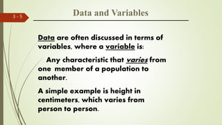 3 - 5
Data are often discussed in terms of
variables, where a variable is:
Any characteristic that varies from
one member of a population to
another.
A simple example is height in
centimeters, which varies from
person to person.
Data and Variables
 
