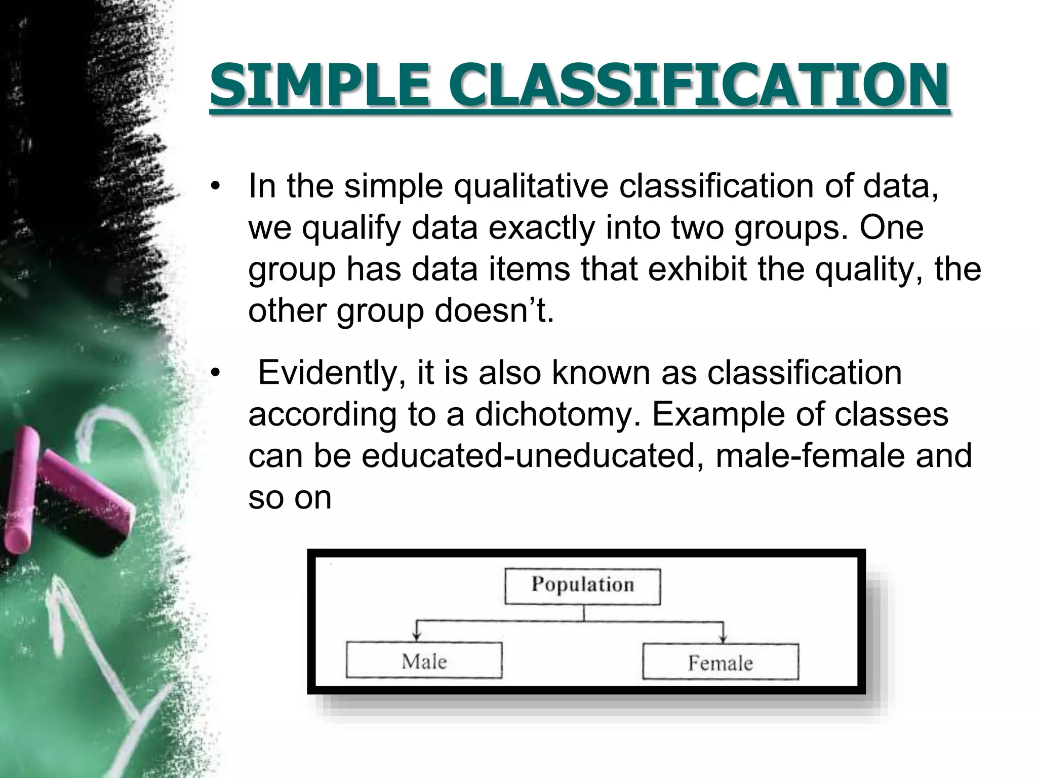 SIMPLE CLASSIFICATION
• In the simple qualitative classification of data,
we qualify data exactly into two groups. One
group has data items that exhibit the quality, the
other group doesn’t.
• Evidently, it is also known as classification
according to a dichotomy. Example of classes
can be educated-uneducated, male-female and
so on
 