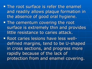 The root surface is refer the enamel and readily allows plaque formation in the absence of good oral hygiene. The cementum covering the root surface is extremely thin and provides little resistance to caries attack. Root caries lesions have less well-defined margins, tend to be U-shaped in cross sections, and progress more rapidly because of the lack of protection from and enamel covering. 
