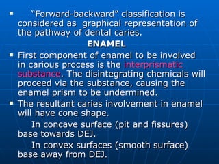 “ Forward-backward” classification is considered as  graphical representation of the pathway of dental caries.   ENAMEL First component of enamel to be involved in carious process is the  interprismatic substance . The disintegrating chemicals will proceed via the substance, causing the enamel prism to be undermined. The resultant caries involvement in enamel will have cone shape. In concave surface (pit and fissures) base towards DEJ. In convex surfaces (smooth surface) base away from DEJ. 