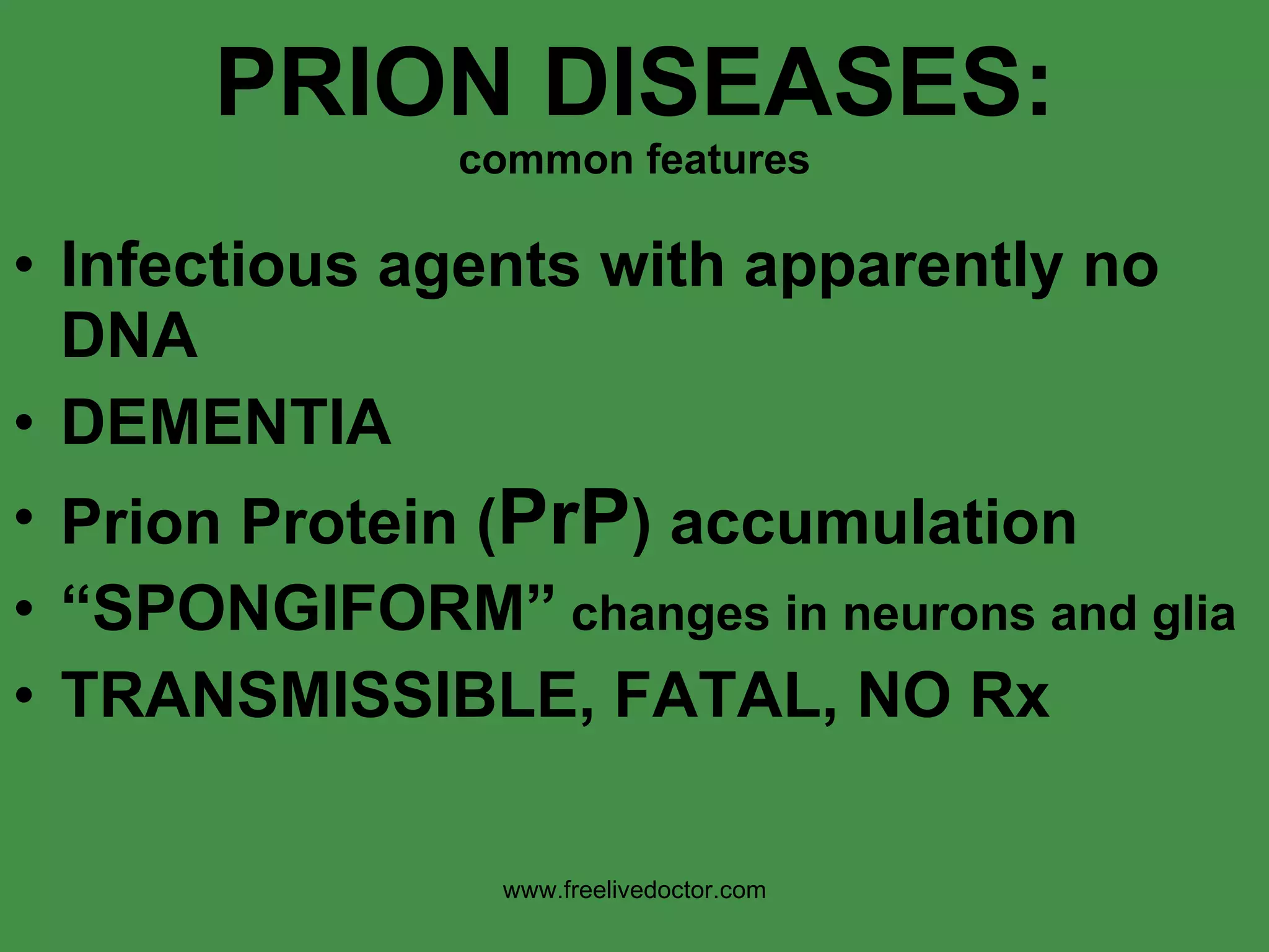 PRION DISEASES: common features Infectious agents with apparently no DNA DEMENTIA Prion Protein ( PrP ) accumulation “ SPONGIFORM”  changes in neurons and glia TRANSMISSIBLE, FATAL, NO Rx www.freelivedoctor.com 