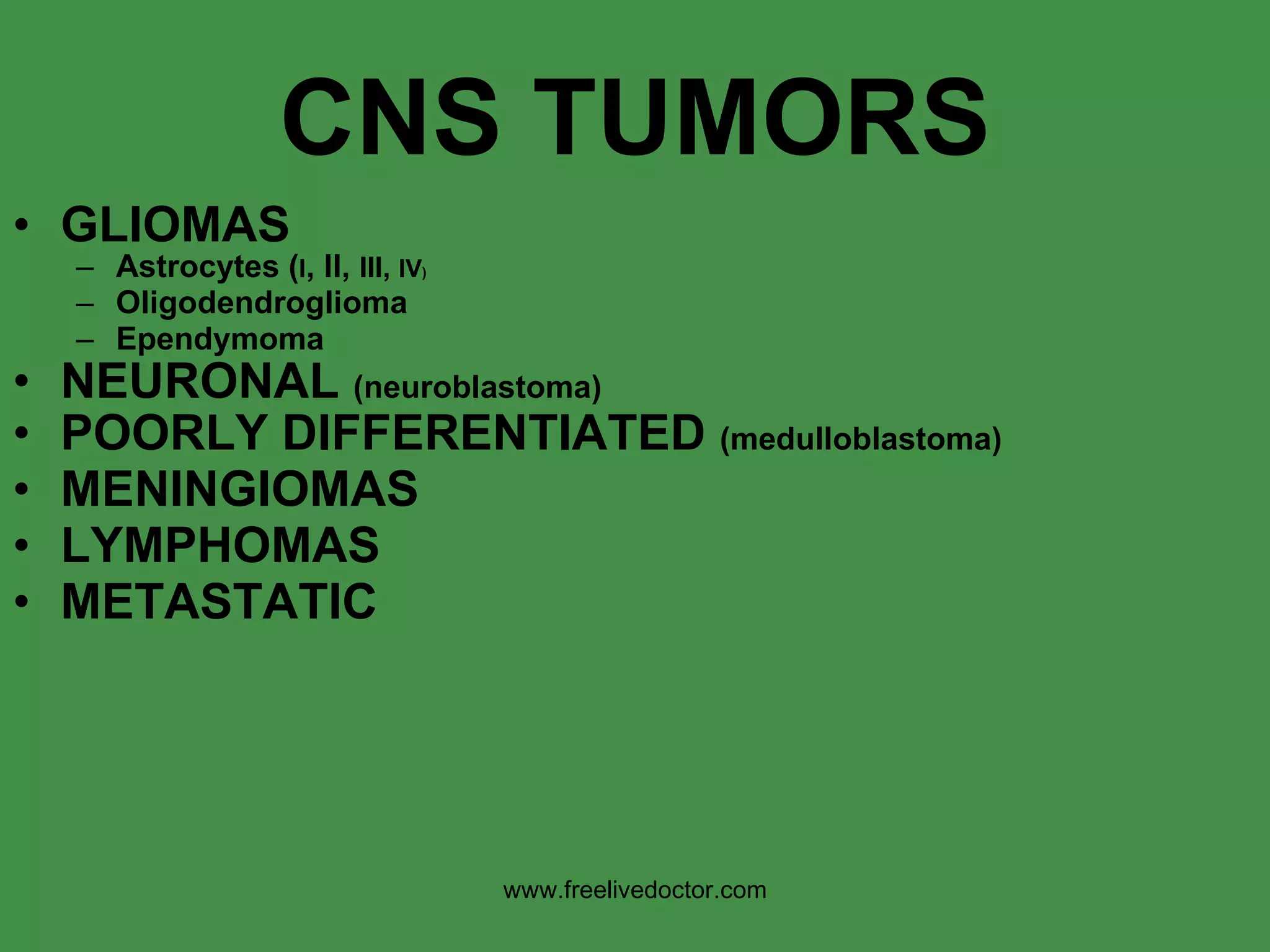 CNS TUMORS GLIOMAS Astrocytes ( I , II,  III,  IV ) Oligodendroglioma Ependymoma NEURONAL  (neuroblastoma) POORLY DIFFERENTIATED  (medulloblastoma) MENINGIOMAS LYMPHOMAS METASTATIC www.freelivedoctor.com 