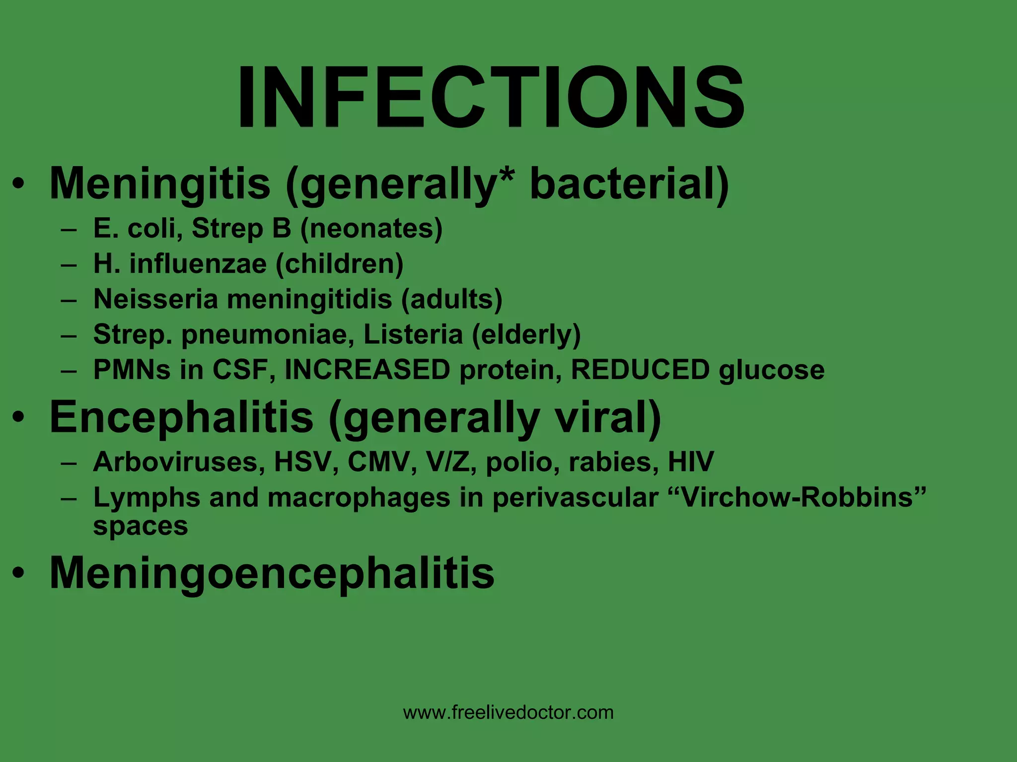 INFECTIONS Meningitis (generally* bacterial) E. coli, Strep B (neonates) H. influenzae (children) Neisseria meningitidis (adults) Strep. pneumoniae, Listeria (elderly) PMNs in CSF, INCREASED protein, REDUCED glucose Encephalitis (generally viral) Arboviruses, HSV, CMV, V/Z, polio, rabies, HIV Lymphs and macrophages in perivascular “Virchow-Robbins” spaces Meningoencephalitis www.freelivedoctor.com 