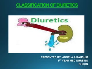 CLASSIFICATIONOFDIURETICS
PRESENTED BY :ANGELA.A.KAUSHIK
1ST YEAR MSC NURSING
BHCON
 