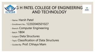 G H PATEL COLLEGE OF ENGINEERING
AND TECHNOLOGY
◦ Name: Harsh Patel
◦ Enrollment No.: 12202040501027
◦ Branch: Computer Engineering
◦ Batch: 1B04
◦ Subject: Data Structures
◦ Topic: Classification of Data Structures
◦ Guided By: Prof. Chhaya Mam
 