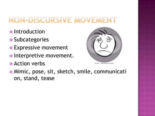  Introduction
 Subcategories
 Expressive movement
 Interpretive movement.
 Action verbs
 Mimic, pose, sit, sketch, smile, communicati
  on, stand, tease
 
