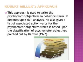  This approach is used to write the
 psychomotor objectives in behaviors term. It
 depends upon skill analysis. He also gives a
 list of associated action verbs for the
 psychomotor objectives which is based upon
 the classification of psychomotor objectives
 pointed out by Harrow (1972).
 