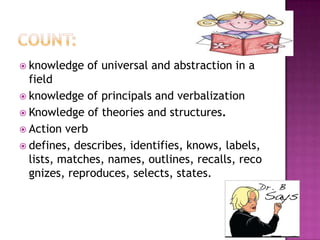  knowledge   of universal and abstraction in a
  field
 knowledge of principals and verbalization
 Knowledge of theories and structures.
 Action verb
 defines, describes, identifies, knows, labels,
  lists, matches, names, outlines, recalls, reco
  gnizes, reproduces, selects, states.
 