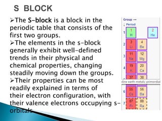 The S-block is a block in the
periodic table that consists of the
first two groups.
The elements in the s-block
generally exhibit well-defined
trends in their physical and
chemical properties, changing
steadily moving down the groups.
Their properties can be most
readily explained in terms of
their electron configuration, with
their valence electrons occupying s-
orbitals.
 