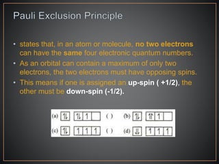 • states that, in an atom or molecule, no two electrons
can have the same four electronic quantum numbers.
• As an orbital can contain a maximum of only two
electrons, the two electrons must have opposing spins.
• This means if one is assigned an up-spin ( +1/2), the
other must be down-spin (-1/2).
 
