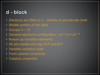 • Electrons are filled in d - orbitals of penultimate shell
• Middle portiion of the table
• Groups 3 – 12
• General electronic configuration - ns1-2 (n-1)d1-10
• Known as transition elements
• All are metals with high M.P and B.P
• Variable oxidation state
• Form colored complexes
• Catalytic properties
 