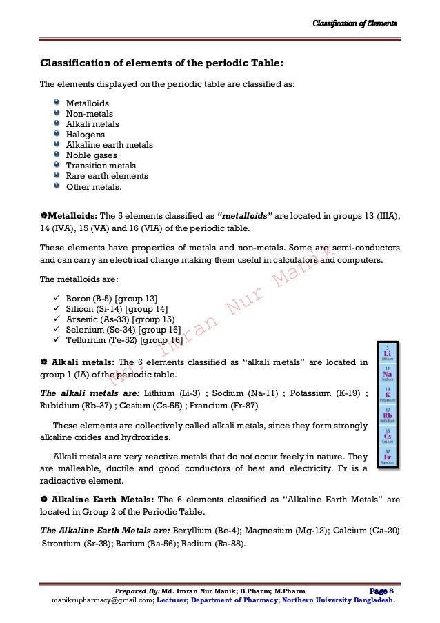 Periodic Table alkali and alkaline earth metals periodic table : Classification of elements manik