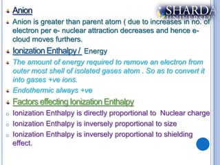 Anion
    Anion is greater than parent atom ( due to increases in no. of
    electron per e- nuclear attraction decreases and hence e-
    cloud moves furthers.
    Ionization Enthalpy / Energy
    The amount of energy required to remove an electron from
    outer most shell of isolated gases atom . So as to convert it
    into gases +ve ions.
    Endothermic always +ve
    Factors effecting Ionization Enthalpy
o   Ionization Enthalpy is directly proportional to Nuclear charge
o   Ionization Enthalpy is inversely proportional to size
o   Ionization Enthalpy is inversely proportional to shielding
    effect.
 