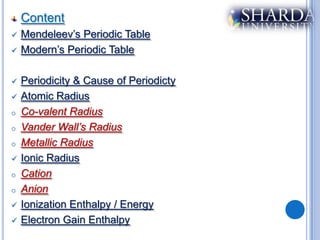 Content
   Mendeleev’s Periodic Table
   Modern’s Periodic Table

   Periodicity & Cause of Periodicty
   Atomic Radius
o   Co-valent Radius
o   Vander Wall’s Radius
o   Metallic Radius
   Ionic Radius
o   Cation
o   Anion
   Ionization Enthalpy / Energy
   Electron Gain Enthalpy
 