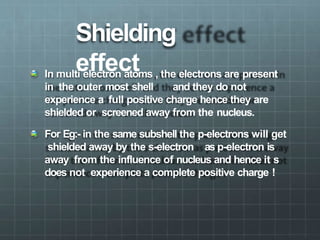 Shielding
effect
In multi electron atoms , the electrons are present
in the outer most shell and they do not
experience a full positive charge hence they are
shielded or screened away from the nucleus.
For Eg:- in the same subshell the p-electrons will get
shielded away by the s-electron as p-electron is
away from the influence of nucleus and hence it s
does not experience a complete positive charge !
 