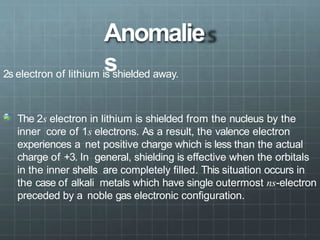 Anomalie
s
2s electron of lithium is shielded away.
The 2s electron in lithium is shielded from the nucleus by the
inner core of 1s electrons. As a result, the valence electron
experiences a net positive charge which is less than the actual
charge of +3. In general, shielding is effective when the orbitals
in the inner shells are completely filled. This situation occurs in
the case of alkali metals which have single outermost ns-electron
preceded by a noble gas electronic configuration.
 