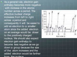 As a general rule, electron gain
enthalpy becomes more negative
with increase in the atomic
number across a period. The
effective nuclear charge
increases from left to right
across a period and
consequently it will be easier to
add an electron to a smaller
atom since the added electron
on an average would be closer
to the positively charged
nucleus. We should also expect
electron gain enthalpy to
become less negative as we go
down a group because the size
of the atom increases and the
added electron would be farther
 