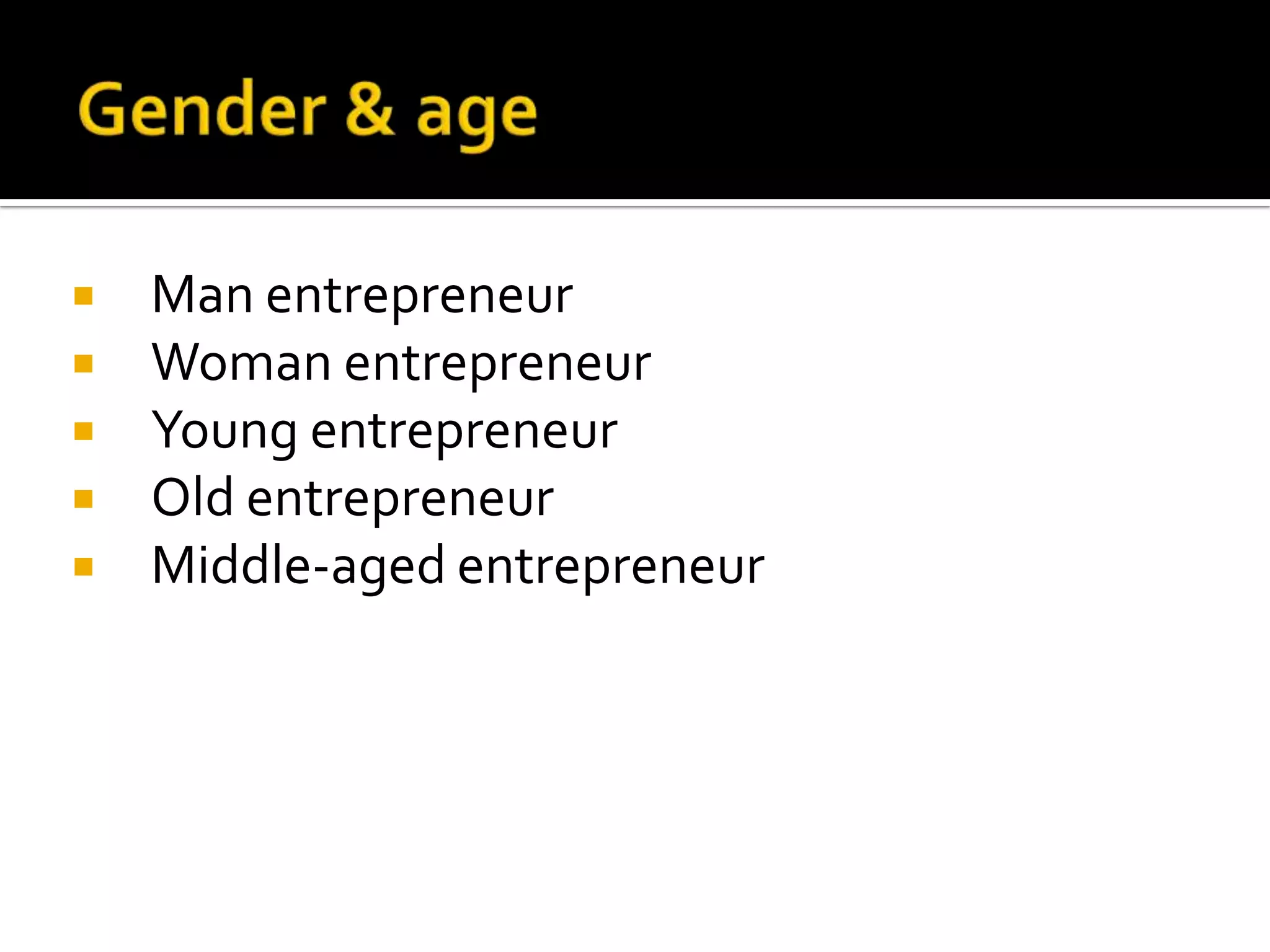  Man entrepreneur
 Woman entrepreneur
 Young entrepreneur
 Old entrepreneur
 Middle-aged entrepreneur
 