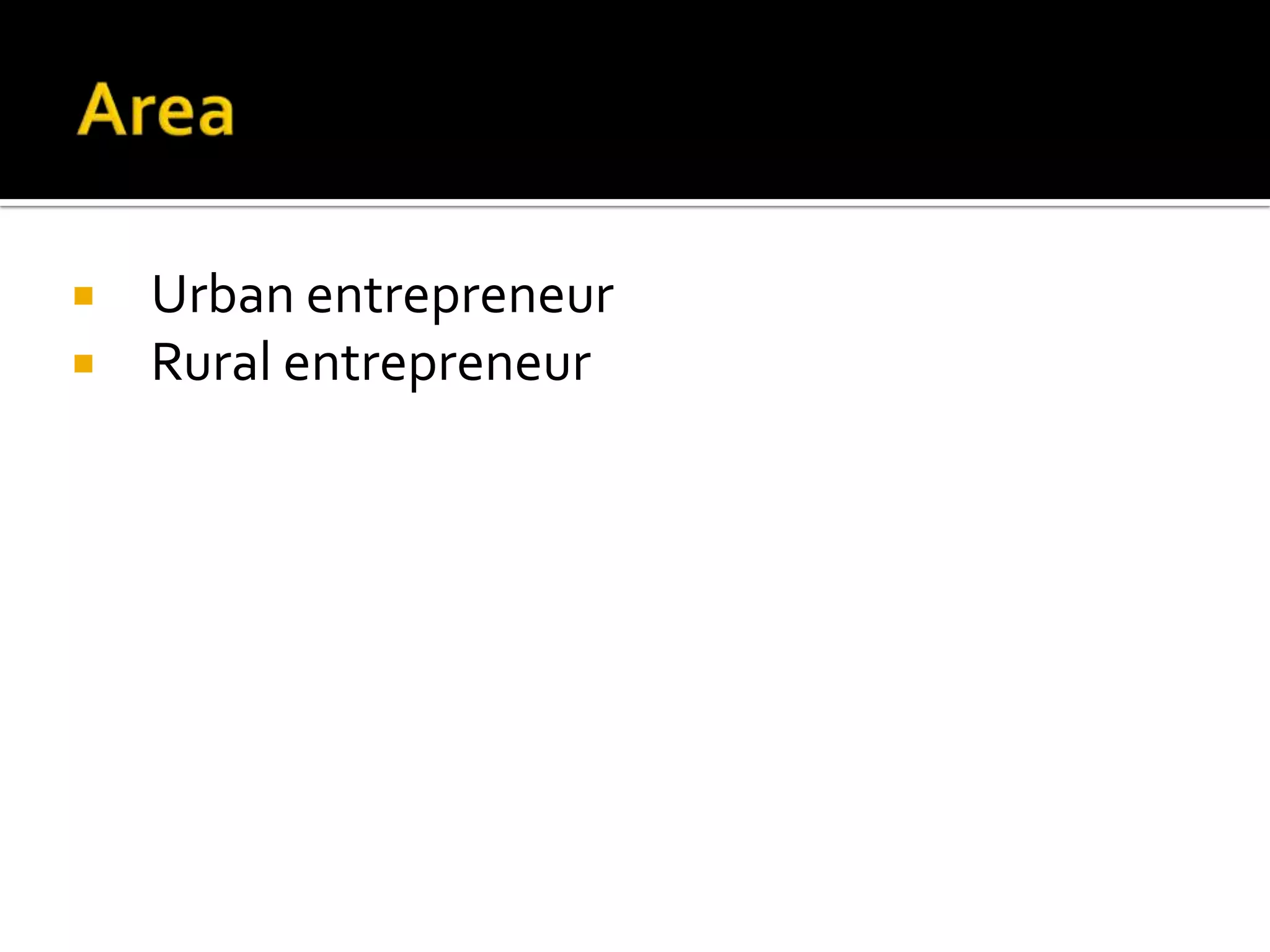  Urban entrepreneur
 Rural entrepreneur
 
