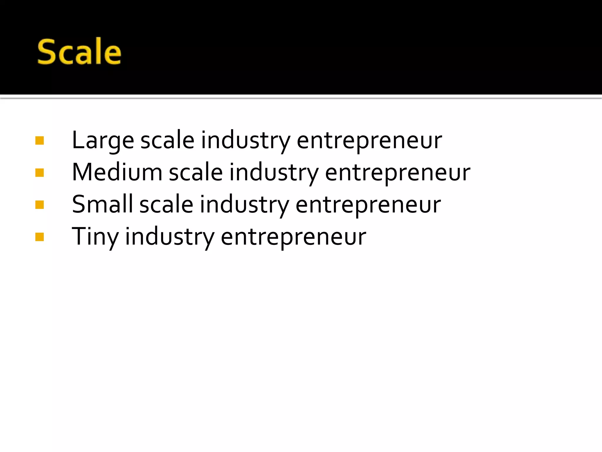  Large scale industry entrepreneur
 Medium scale industry entrepreneur
 Small scale industry entrepreneur
 Tiny industry entrepreneur
 