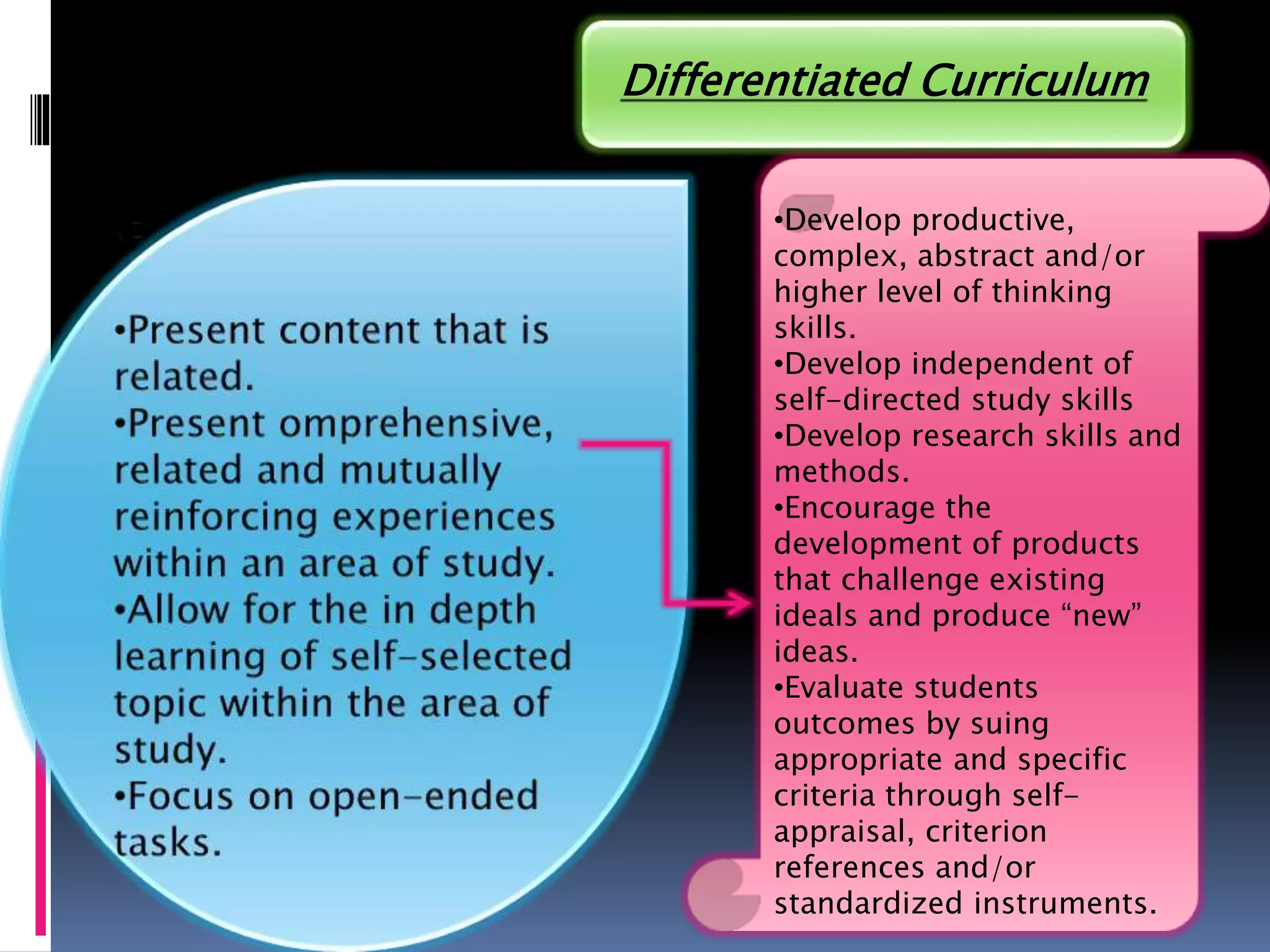 Differentiated Curriculum
•Develop productive,
complex, abstract and/or
higher level of thinking
skills.
•Develop independent of
self-directed study skills
•Develop research skills and
methods.
•Encourage the
development of products
that challenge existing
ideals and produce “new”
ideas.
•Evaluate students
outcomes by suing
appropriate and specific
criteria through self-
appraisal, criterion
references and/or
standardized instruments.
 
