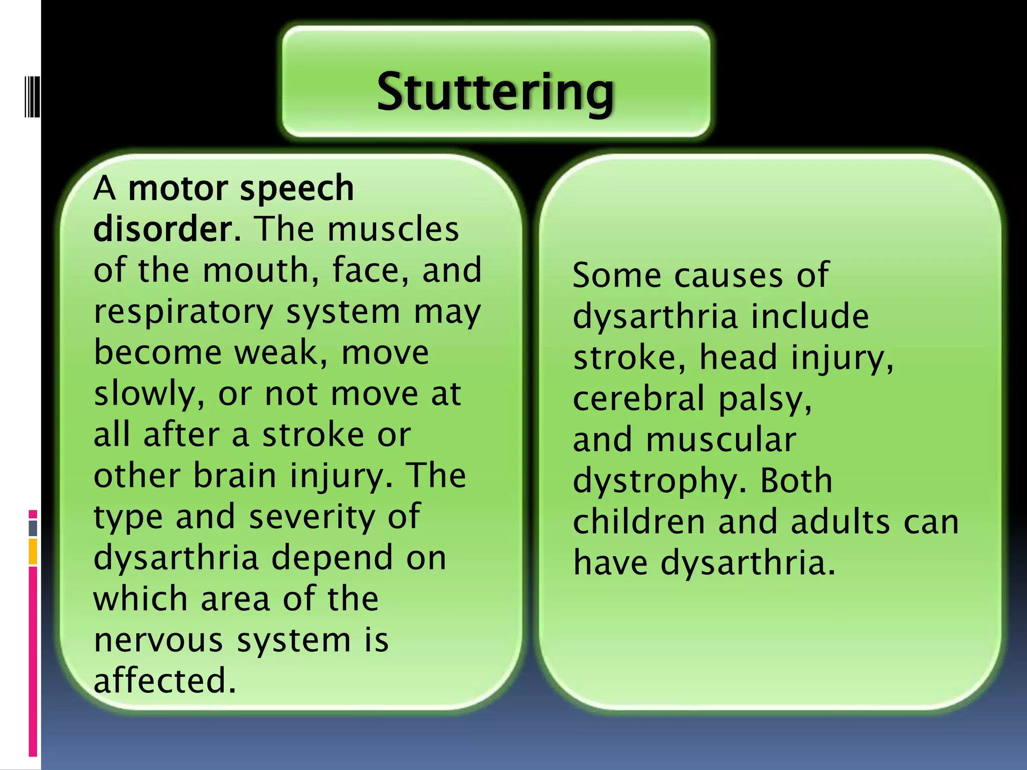 A motor speech
disorder. The muscles
of the mouth, face, and
respiratory system may
become weak, move
slowly, or not move at
all after a stroke or
other brain injury. The
type and severity of
dysarthria depend on
which area of the
nervous system is
affected.
Stuttering
Some causes of
dysarthria include
stroke, head injury,
cerebral palsy,
and muscular
dystrophy. Both
children and adults can
have dysarthria.
 
