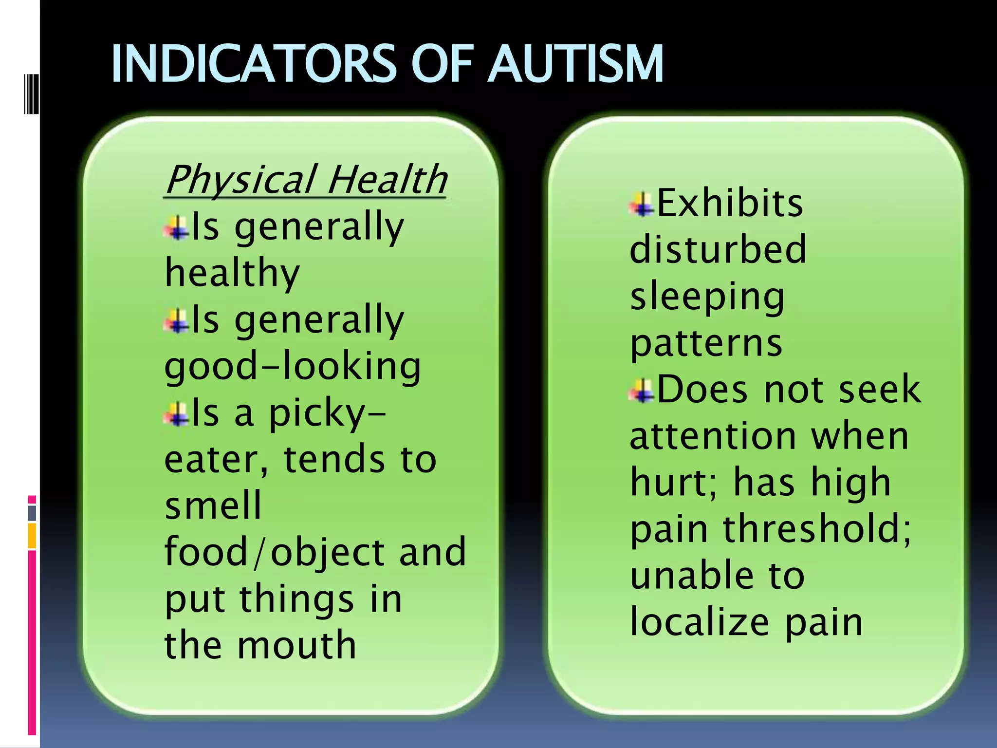 INDICATORS OF AUTISM
Physical Health
Is generally
healthy
Is generally
good-looking
Is a picky-
eater, tends to
smell
food/object and
put things in
the mouth
Exhibits
disturbed
sleeping
patterns
Does not seek
attention when
hurt; has high
pain threshold;
unable to
localize pain
 