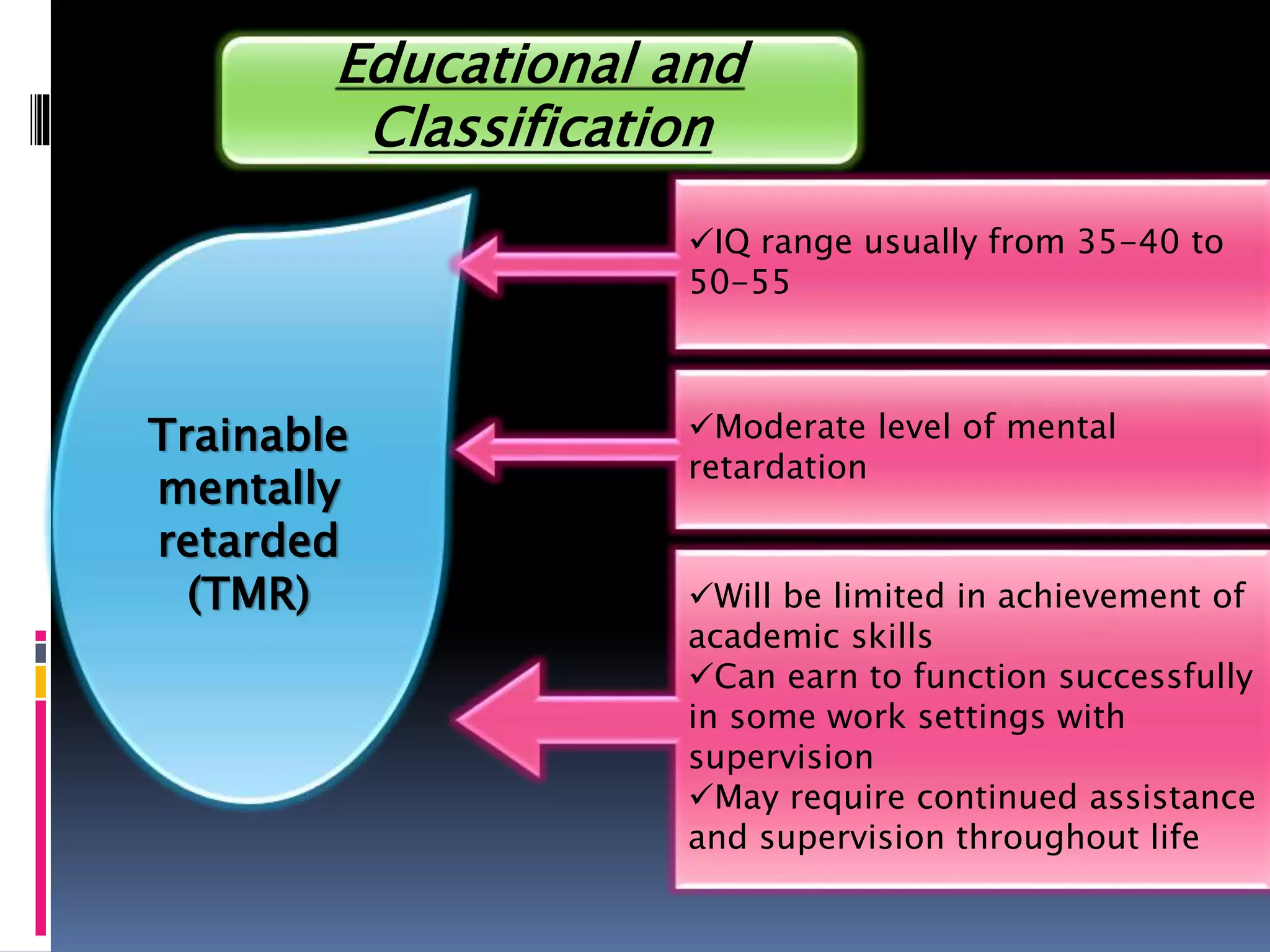 Educational and
Classification
Trainable
mentally
retarded
(TMR)
IQ range usually from 35-40 to
50-55
Will be limited in achievement of
academic skills
Can earn to function successfully
in some work settings with
supervision
May require continued assistance
and supervision throughout life
Moderate level of mental
retardation
 