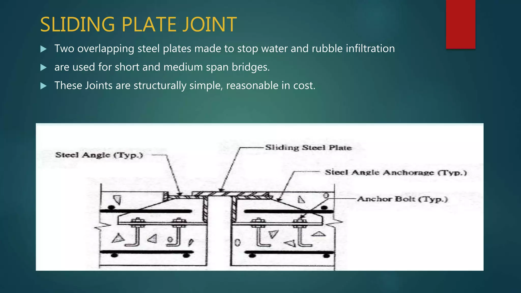 SLIDING PLATE JOINT
 Two overlapping steel plates made to stop water and rubble infiltration
 are used for short and medium span bridges.
 These Joints are structurally simple, reasonable in cost.
 