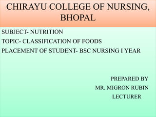 CHIRAYU COLLEGE OF NURSING,
BHOPAL
SUBJECT- NUTRITION
TOPIC- CLASSIFICATION OF FOODS
PLACEMENT OF STUDENT- BSC NURSING I YEAR
PREPARED BY
MR. MIGRON RUBIN
LECTURER
 